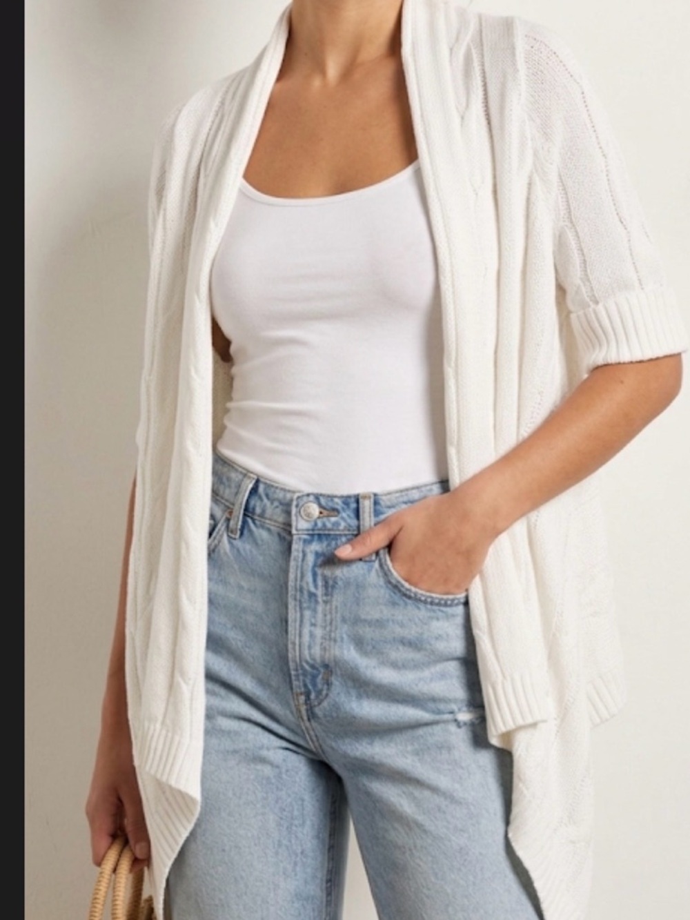 White Cotton Rayon Cable Knit Cardigan Short Sleeve M Waterfall Open Front Soft